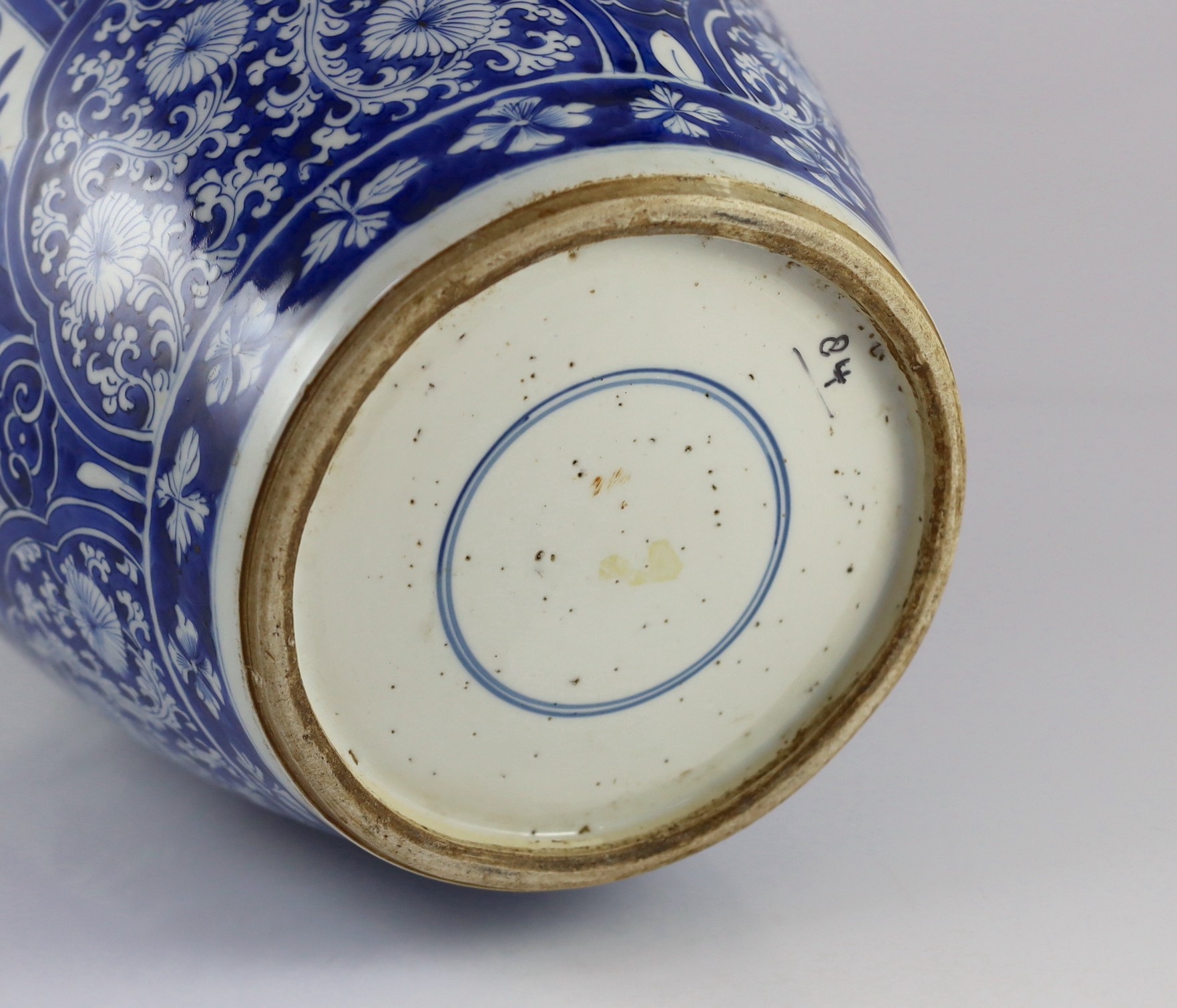 A large Chinese blue and white large ovoid jar, Kangxi period, 45cm high, cracked